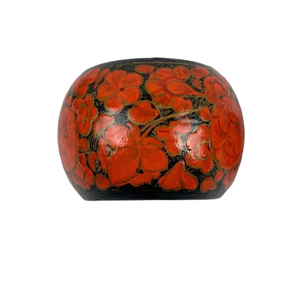 Vintage Floral Painted Wood Napkin Rings Orange Black Set of 4 Boho